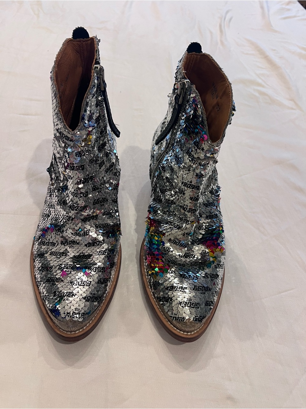 Rare Golden Goose Silver Sequin Ankle Boots with Multicolor Accents 37 Italian